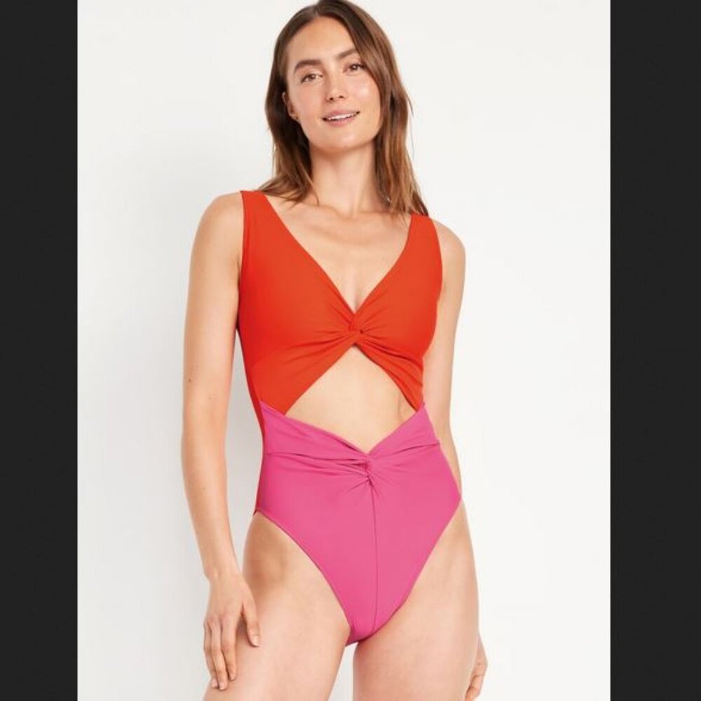Old Navy Red and Pink Twist-Front One-Piece Swimsuit